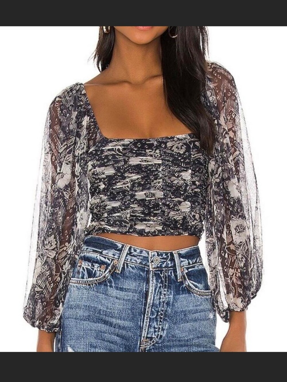 Free People Lilia Top Peasant Smocked Crop Baloon Sheer Sleeves Preppy Festival